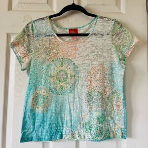 Hearts of Palm White and Green Sequin Graphic Crop Tee Sz PL